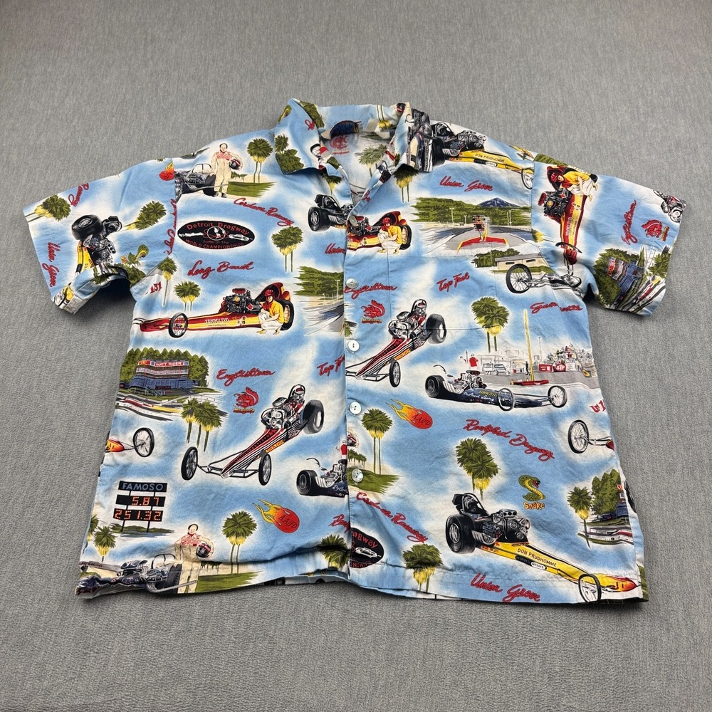Vintage Matt Rider Shirt Mens Large Blue Hawaiian Top Fuel‎ Drag Racing Camp USA